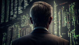 Gesch&auml;ftsmann an der B&ouml;rse blickt auf Aktienkurse an der Wand.