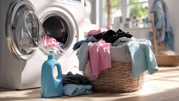 Die Waschmaschine ist in einem sonnigen Raum von einer bunten Auswahl an W&auml;sche umgeben.