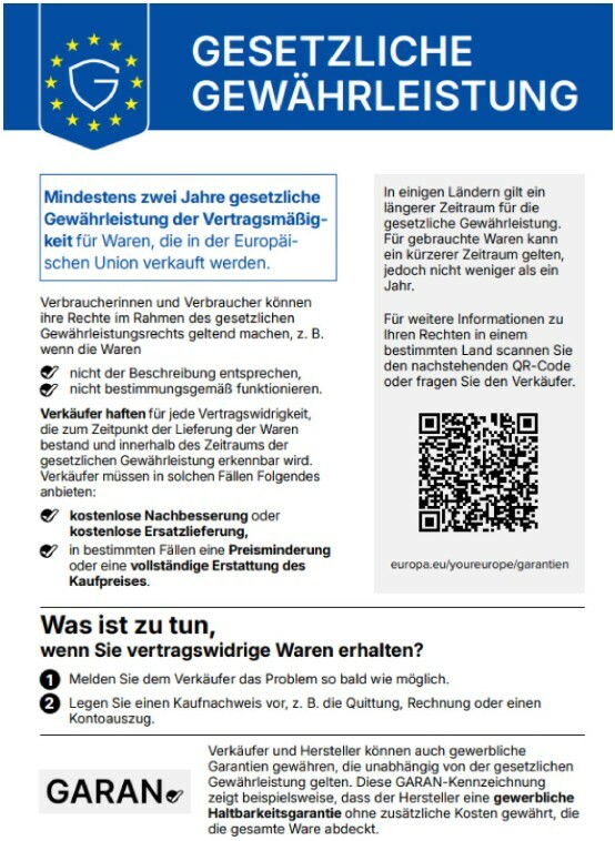 EU-Informationsmitteilung &uuml;ber die Gesetzliche Gew&auml;hrleistung laut Durchf&uuml;hrungsverordnung - EU - 2025/1960 - EN - EUR-Lex. Das Label informiert &uuml;ber die Rechte von Konsument:innen (s. Text dieses Artikels).