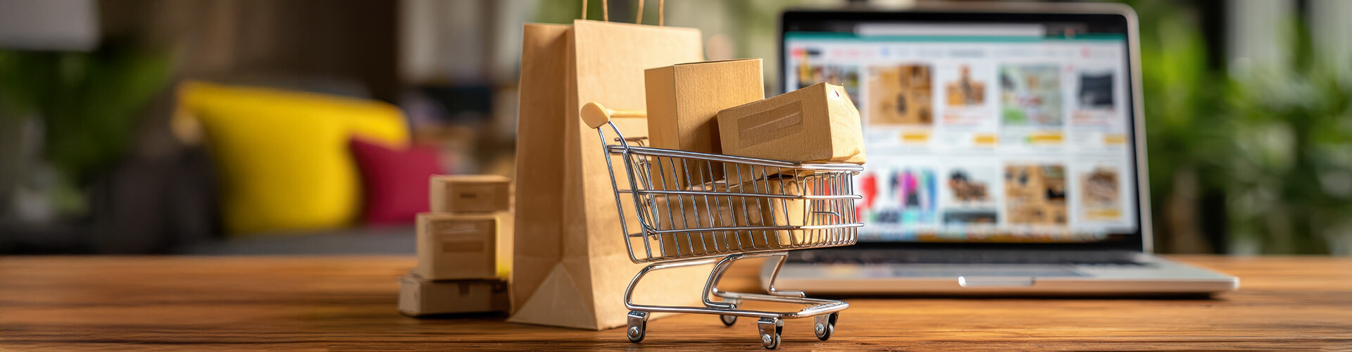 Ein Einkaufswagen, gef&uuml;llt mit Paketen, vor einem Laptop-Bildschirm.