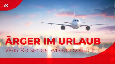 Thumbnail: Bild eines fliegenden Flugzeugs, darunter der Schriftzug "Ärger im Urlaub - Was Reisende wissen sollten"