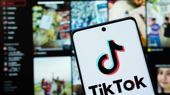 Das TikTok-Logo wird auf einem Smartphone-Bildschirm angezeigt, im Hintergrund ist die TikTok-Website auf einem Computerbildschirm zu sehen