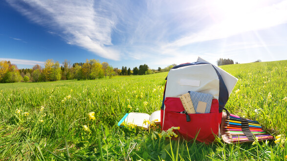 Bunte Schultasche steht auf einer Wiese