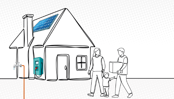 Auf dem Bild ist eine Grafik eines Hauses mit einer Photovoltaikanlage, einer Wallbox und einem Wasserhahn im Freien zur Entnahme von Brauchwasser zu sehen.