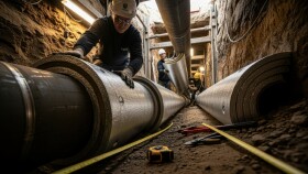 Arbeiter verlegen Fernw&auml;rme Rohre