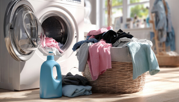 Die Waschmaschine ist in einem sonnigen Raum von einer bunten Auswahl an W&auml;sche umgeben.