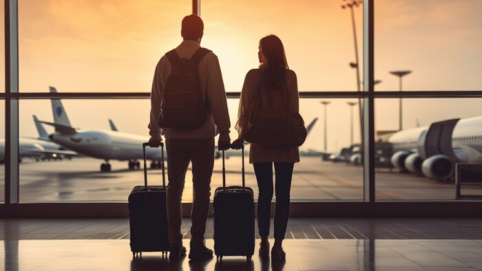 Junges Paar am Flughafen wartend